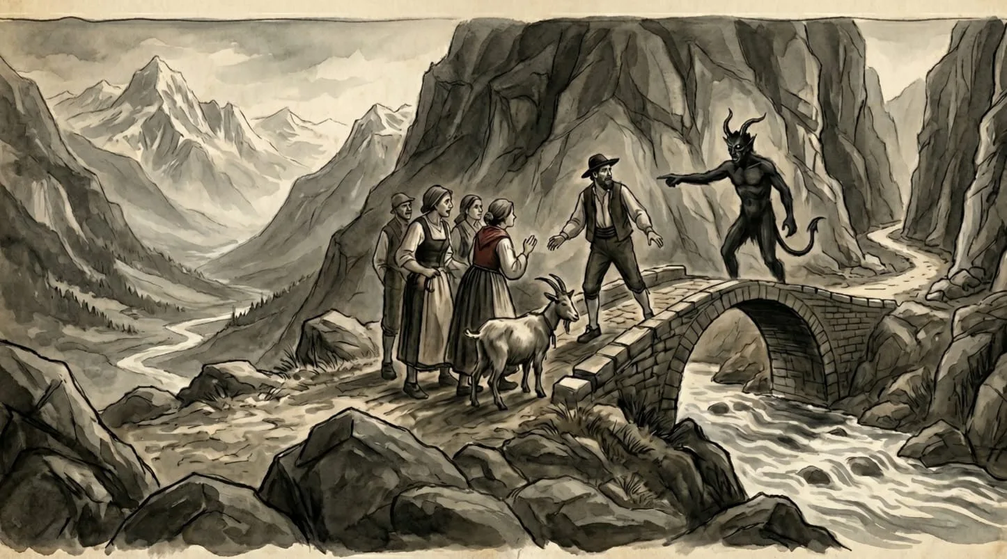 Ink illustration of the Devil's Bridge legend: Uri villagers gesturing on one side, the billy-goat on the stone arch bridge, the Devil pointing at them from the far side