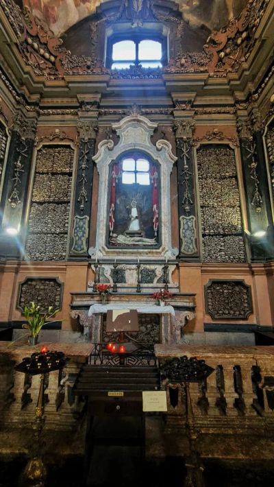 The ossuary chapel of San Bernardino alle Ossa in Milan, its walls decorated with real human skulls and bones
