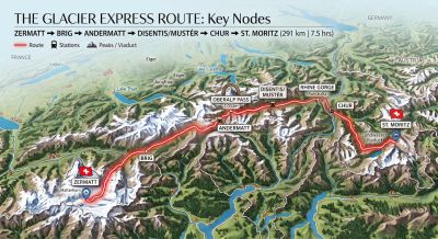 Map of the Glacier Express route from Zermatt to St. Moritz via Brig, Andermatt, Disentis and Chur