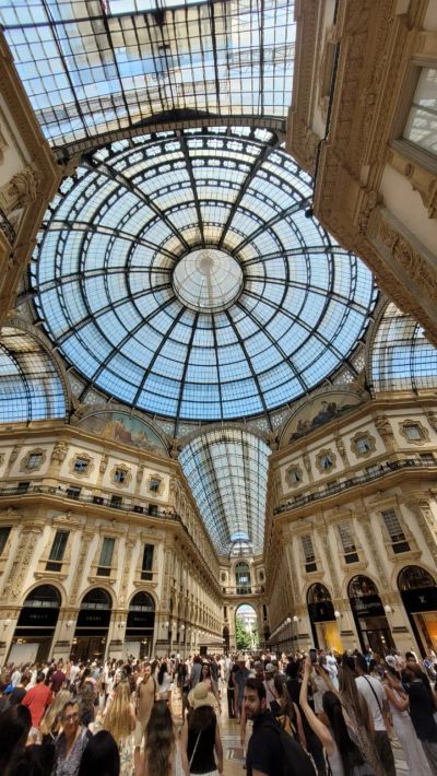 The glass-and-iron dome of the Galleria Vittorio Emanuele II in Milan seen from below