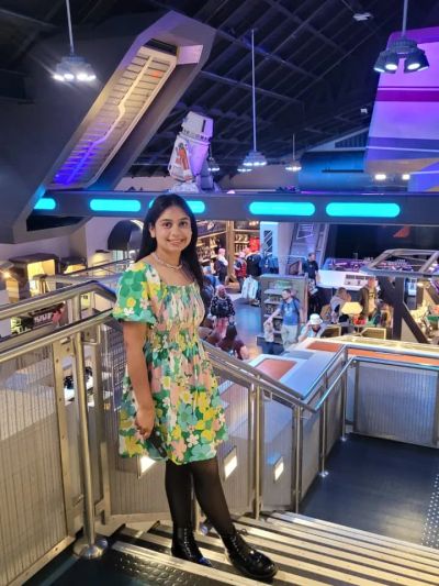 Traveler Jyoti at the Star Wars Hyperspace Mountain area in Discoveryland, Disneyland Paris