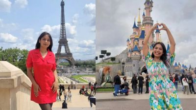 Traveler Jyoti at the Eiffel Tower and the Disneyland Paris castle
