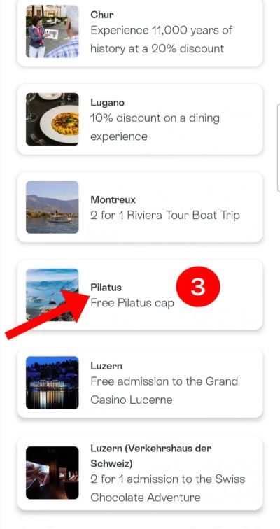 Step 3 — Scroll the coupon list and tap the Pilatus card labelled "Free Pilatus cap"